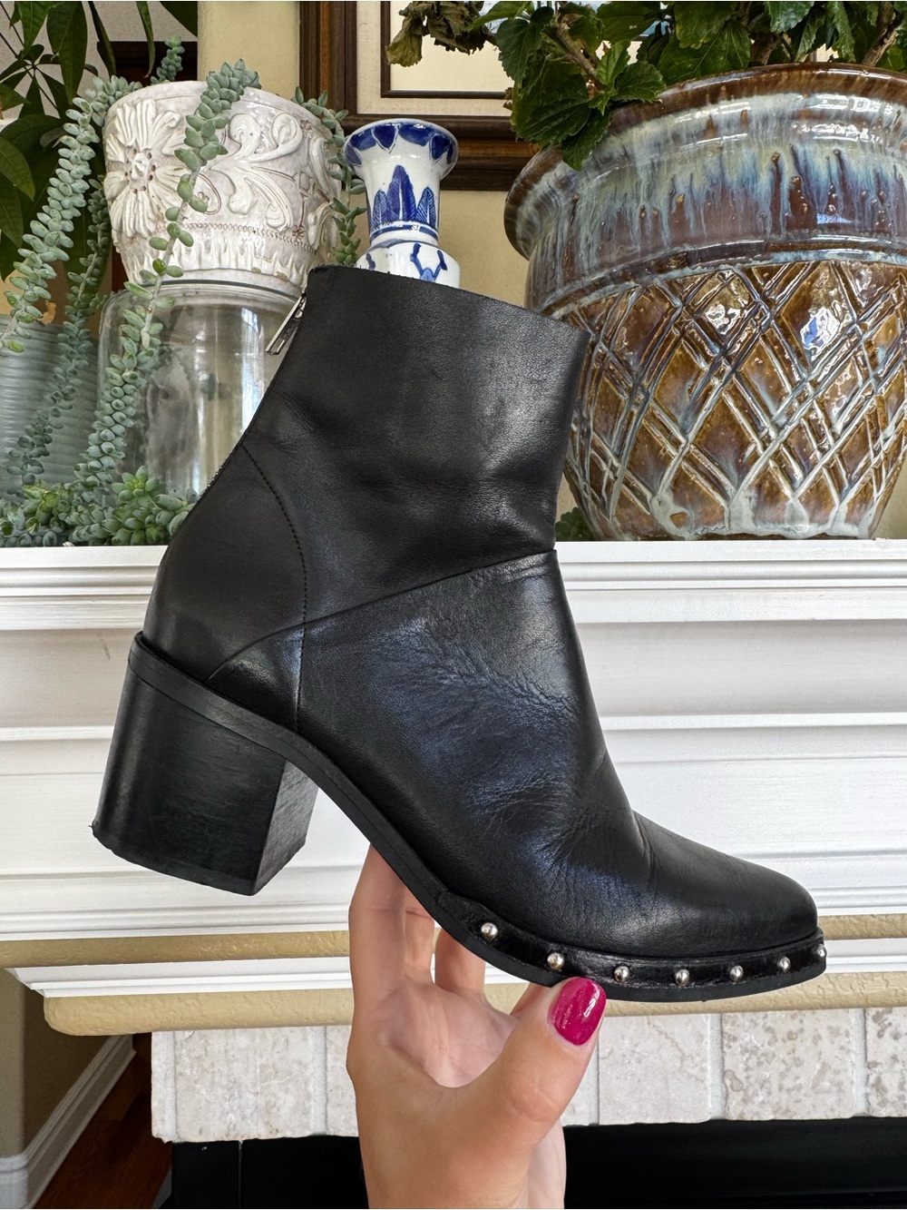 Jonak‎ Black Leather Studded Pointed Toe Heeled Ankle Booties Edgy Punk Chic